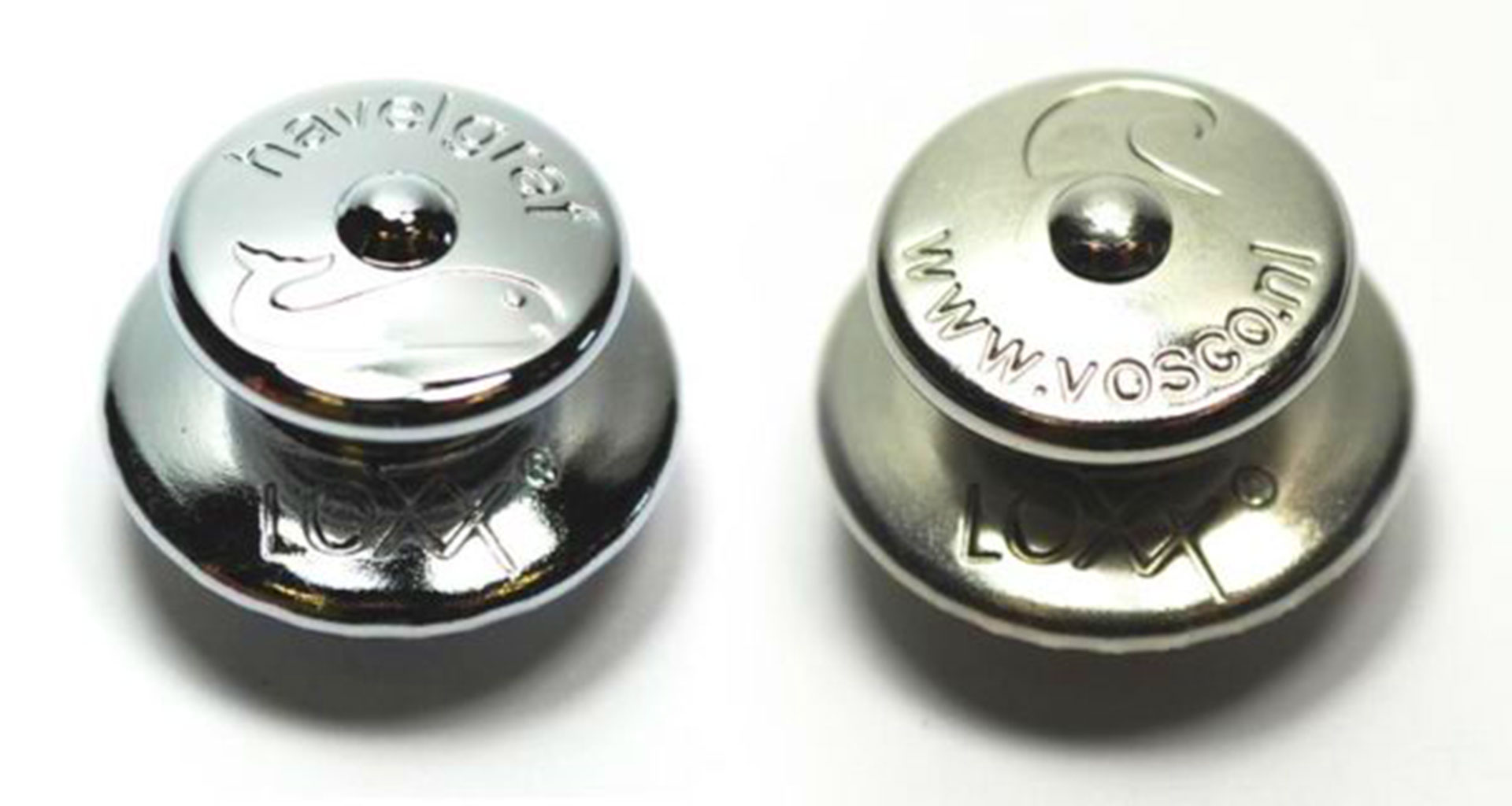 Two chrome Loxx fastener buttons showing branded logo engravings